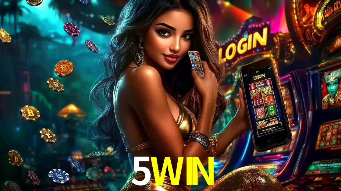 Mulher em um cenário de cassino temático de aventura, mostrando o app de caça-níqueis da 5WIN no celular. Fichas de apostas flutuam ao redor.