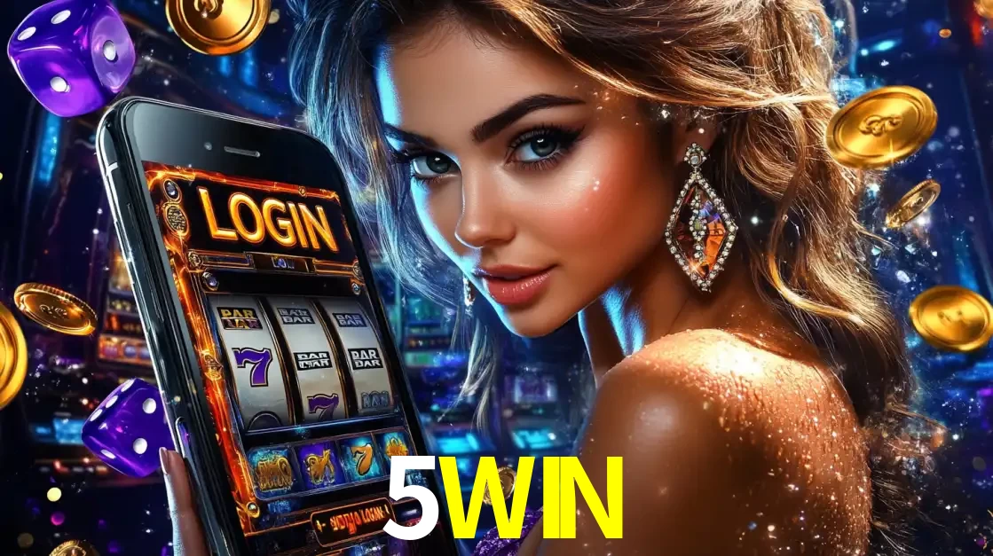 Mulher glamorosa segurando um smartphone com a tela de login para os jogos de caça-níqueis do cassino online 5WIN, com moedas de ouro e dados ao redor.