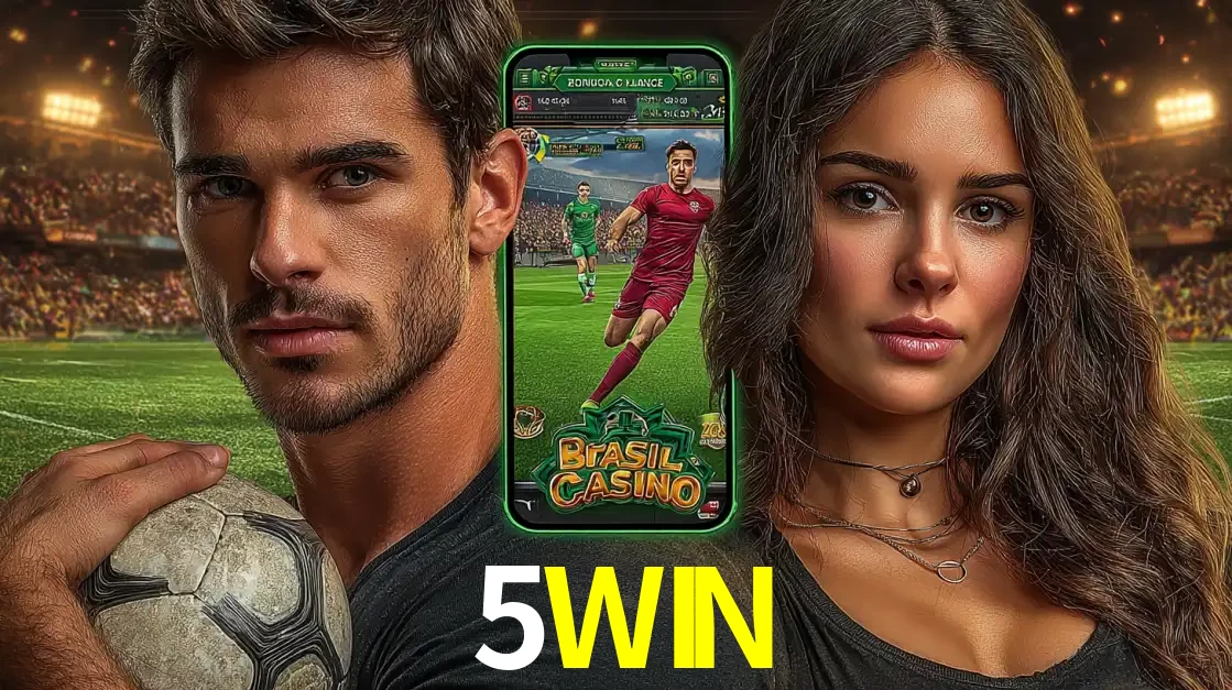 Homem segurando uma bola de futebol e uma mulher ao lado de um smartphone exibindo o jogo de apostas esportivas da 5WIN. Faça seu palpite no cassino online.